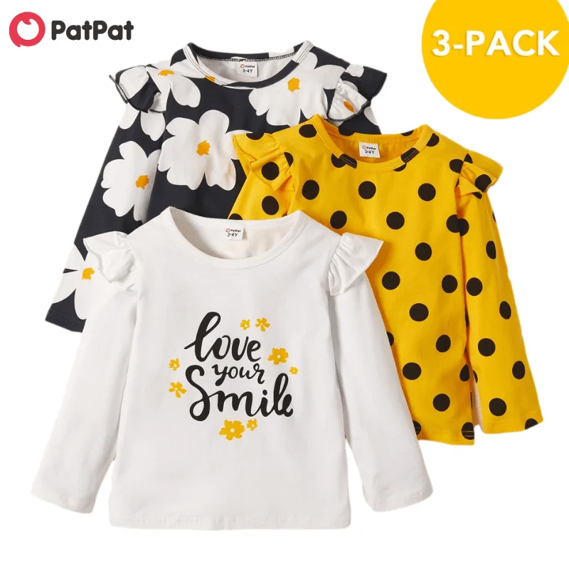 

PatPat New Arrival Autumn and Spring 3-pack Toddler Girl Floral and Polka Dots Tee Set Children's Clothing