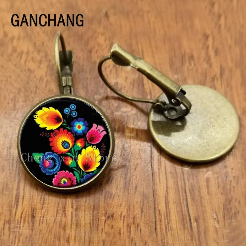 Polish folk art picture stud earrings fashion jewelry, female flower earrings with glass convex round modern paper-cut elements