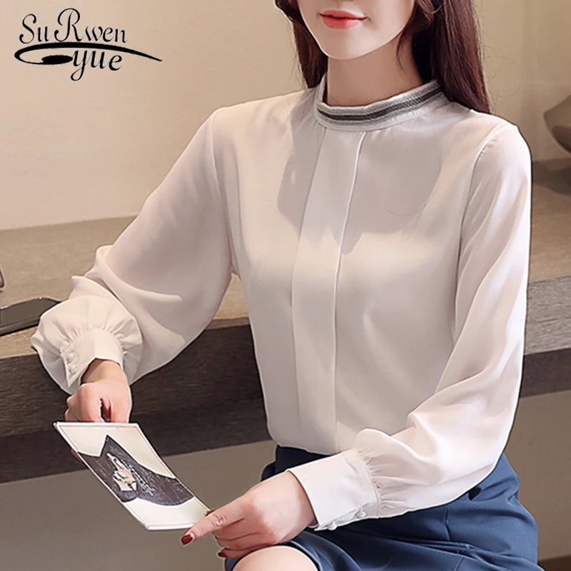 

Temperament Solid White Red Women Blouses and Tops Spring Autumn Fashion Stand Collar Long Sleeve Chiffon Women Shirts 8008 50