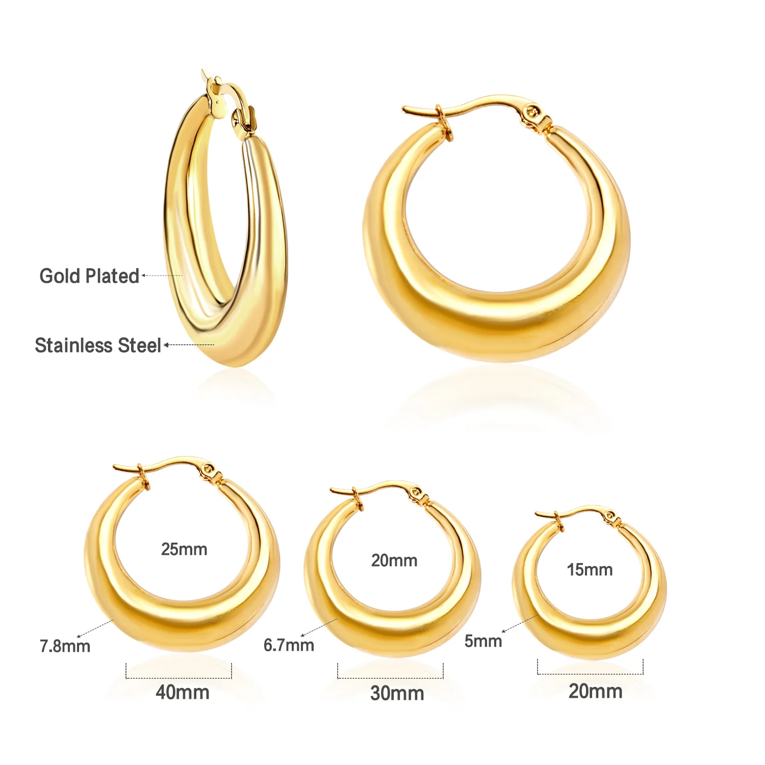Thick Hoop Earrings Jewelry 316L Round Stainless Steel Hypoallergenic Fashion Gold Color Earring for Women/Girls Gift Jewellery