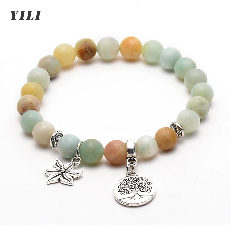 Matte Amazonite Stone Bead Bracelet Tree of Life Pendant Mala Bracelets Yoga Chakra Natural Stone Bracelet for Women Men Jewelry