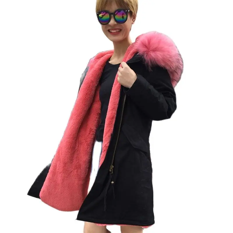 New ARRIVAL 100% Real Photo Watermelon Red Fashion New Style Long Fur Parka MR MRS Fur Wear