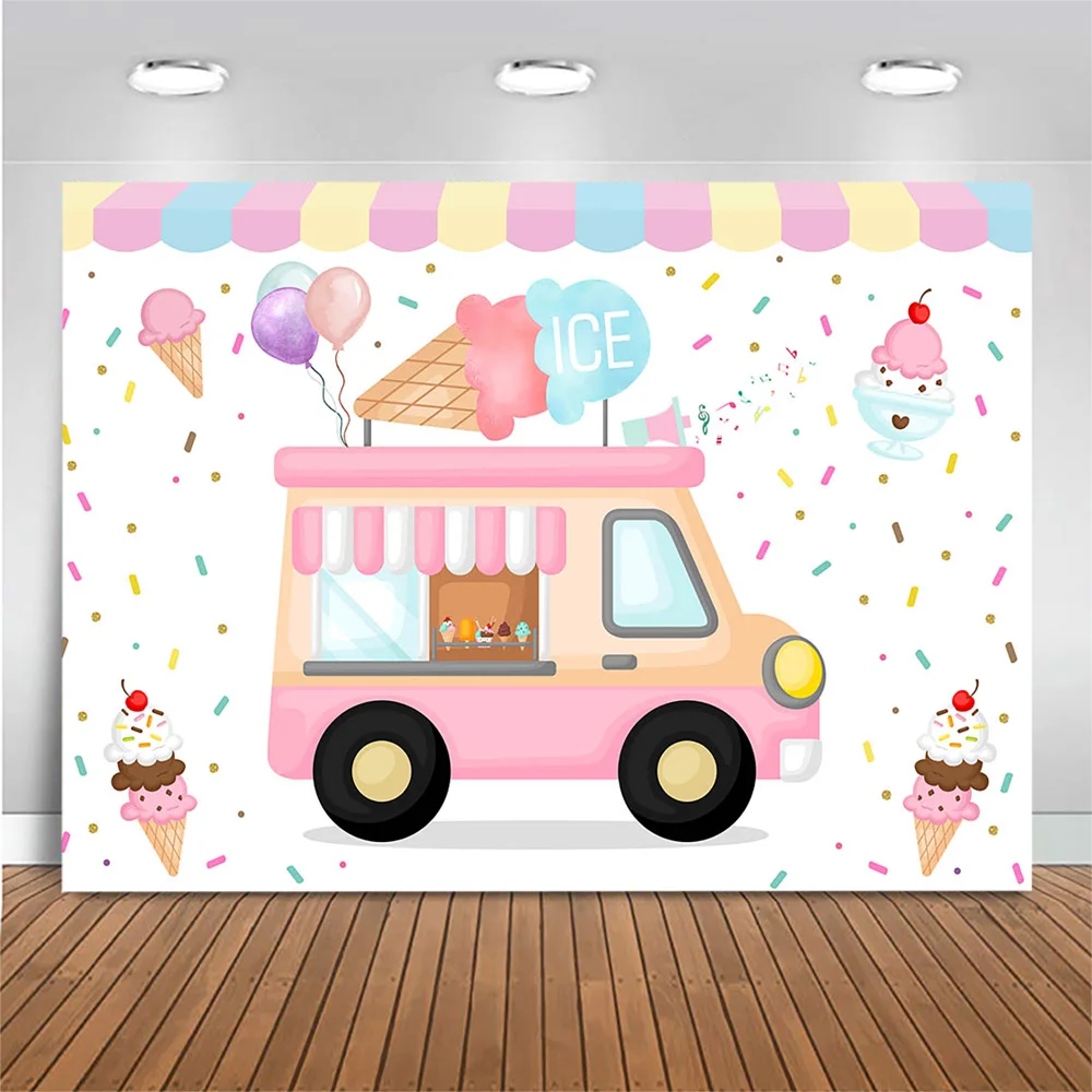 MOCSICKA Ice Cream Truck Backdrop Baby Kids Birthday Party Portrait Photo Background Decoration Newborn Baby Shower Banner Shoot