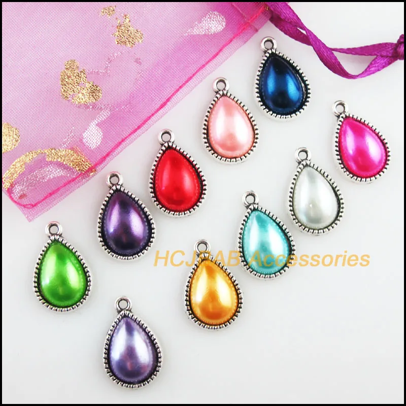 20Pcs Tibetan Silver Tone Retro Teardrop Mixed Acrylic Charms Pendants 13x19.5mm