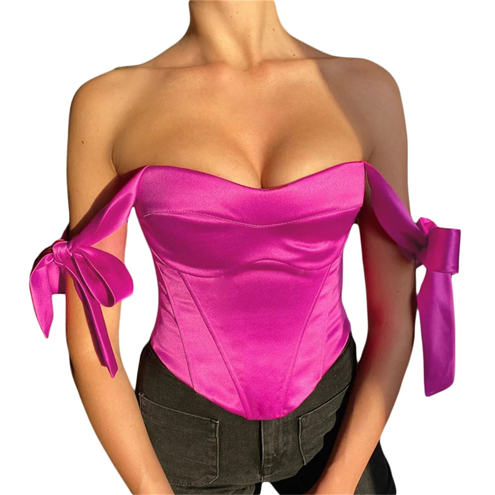 Women Corset Tops Satin Off Shoulder Backless Bandage Lace Up Bustier Push Up Sexy Crop Tank Cami Aesthetic Fairycore Tops