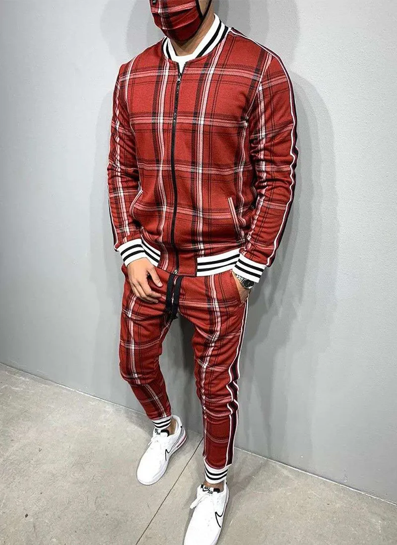 New Gentlemen Tracksuit Men Fashion Sporting Suit Men Sets Brand Plaid Zipper Sweatshirt+Sweatpants Mens Clothing 2 Pieces Sets