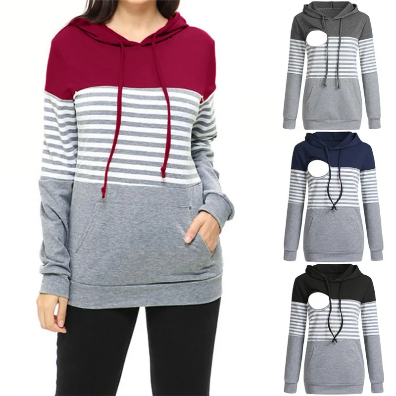 

Maternity Hoodie Multifunctional Breastfeeding Striped Color-Blocking Hooded Nursing Mothers Clothes for Pregnant Women Top XXL