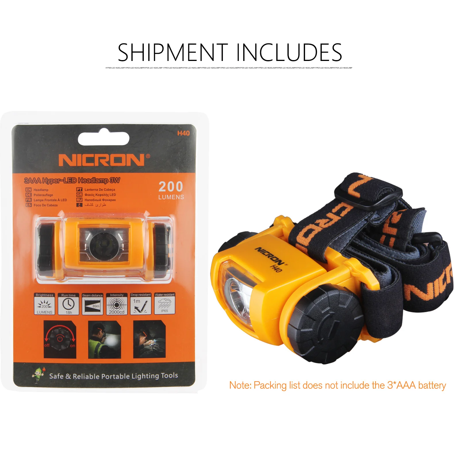 NICRON H40 LED Headlamp Fishing Headlight 200 Lumens IP65 Waterproof 3*AAA Batteries Headlight Torch Lamp For Camping Light