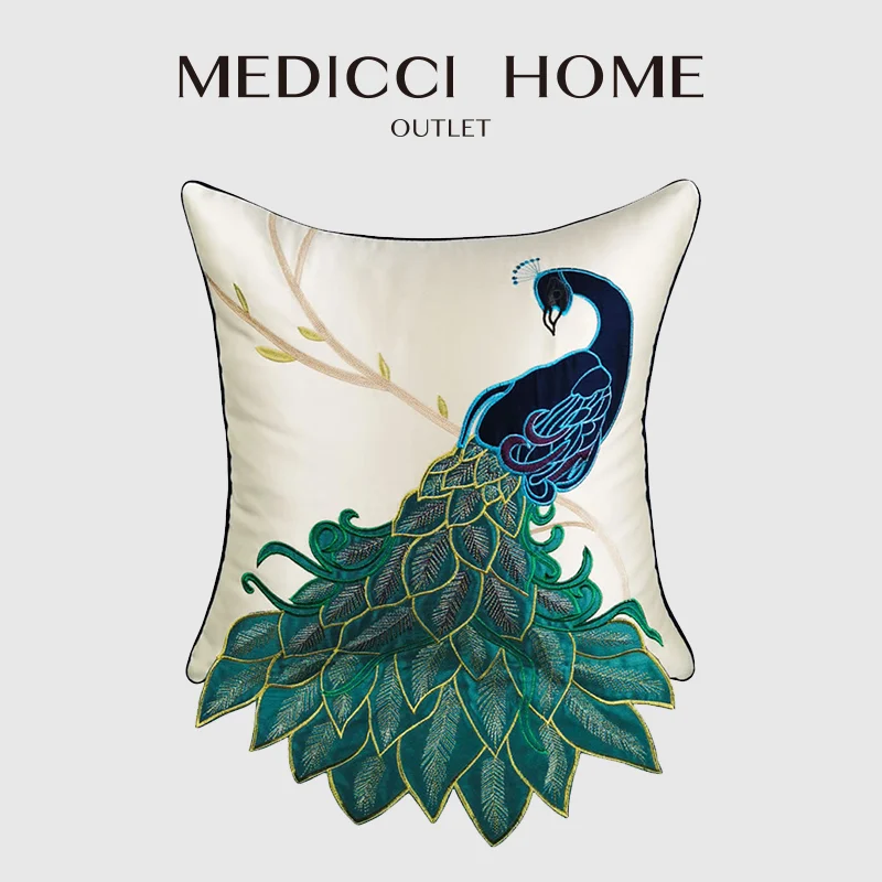 Medicci Home Art Cushion Cover Chinese Style Embroidered Gorgeous Peacock Vivid Design Bird Decorative Throw Pillow Case 45x45cm