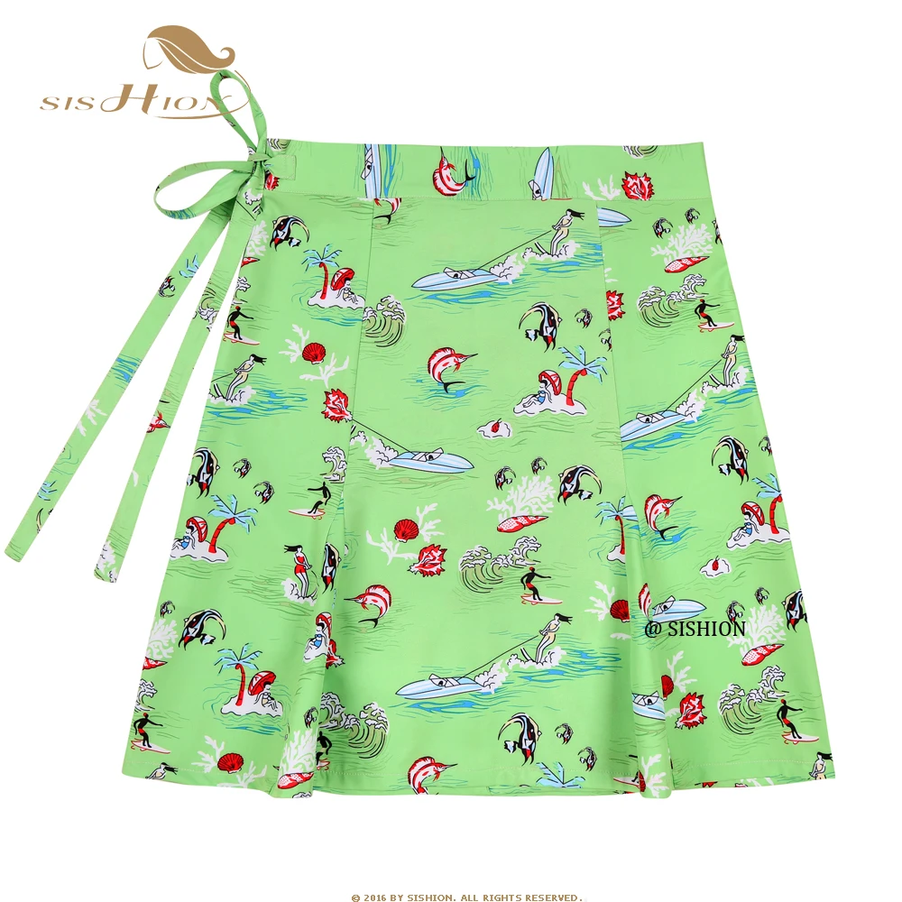 SISHION Summer Sarong Beach Boho gonna Sexy SS0015 lunghezza al ginocchio verde avvolgere rapidamente atletico coprire multitasche gonna corta avvolgente
