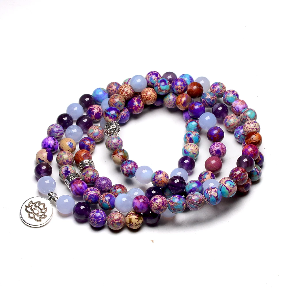 Natural Stone 108 Mala Bead Bracelet For Women Yoga Lotus Om Bracelets Meditation Healing Buddhist Yoga Lotus Charm 8MM