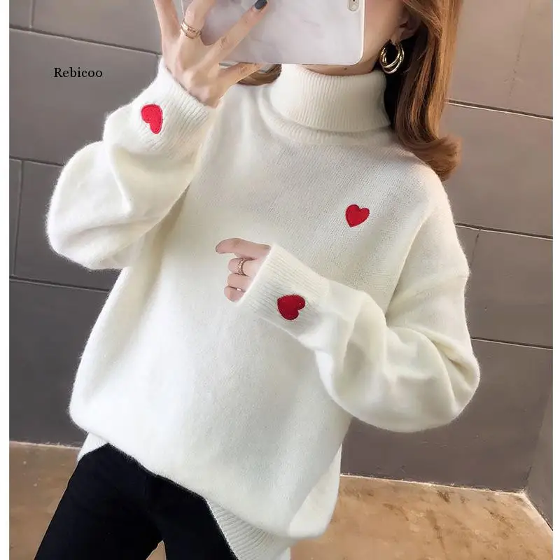 Autumn Winter Korean Fashion Pink Pull Femme Print Heart Autumn Winter Clothes Embroidery Turtlenec Knitted Sweater Pullover