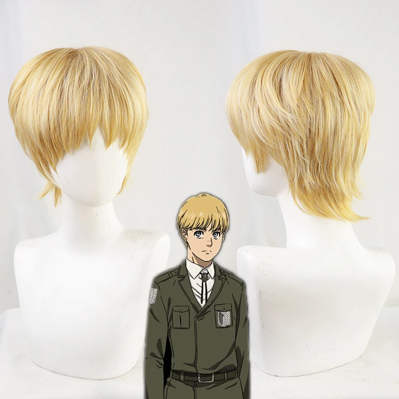 Armin Arlert Short Silky Straight Boy\'s Shaggy Layered Golden Mixed Synthetic Hair Men Cosplay Wig+ Wig Cap