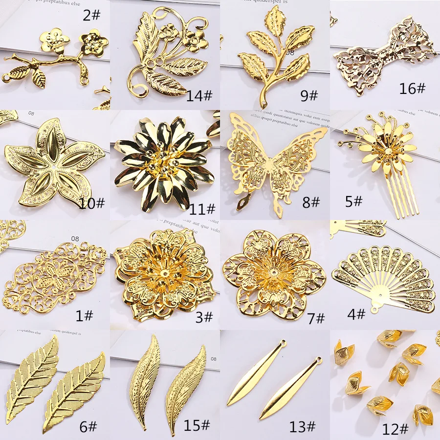 Fans de fleurs en métal, feuilles et papillons, pièces en filigrane, enveloppes de connecteurs, résultats plaqués or pour embellissements de bijoux, 12 pièces/lot