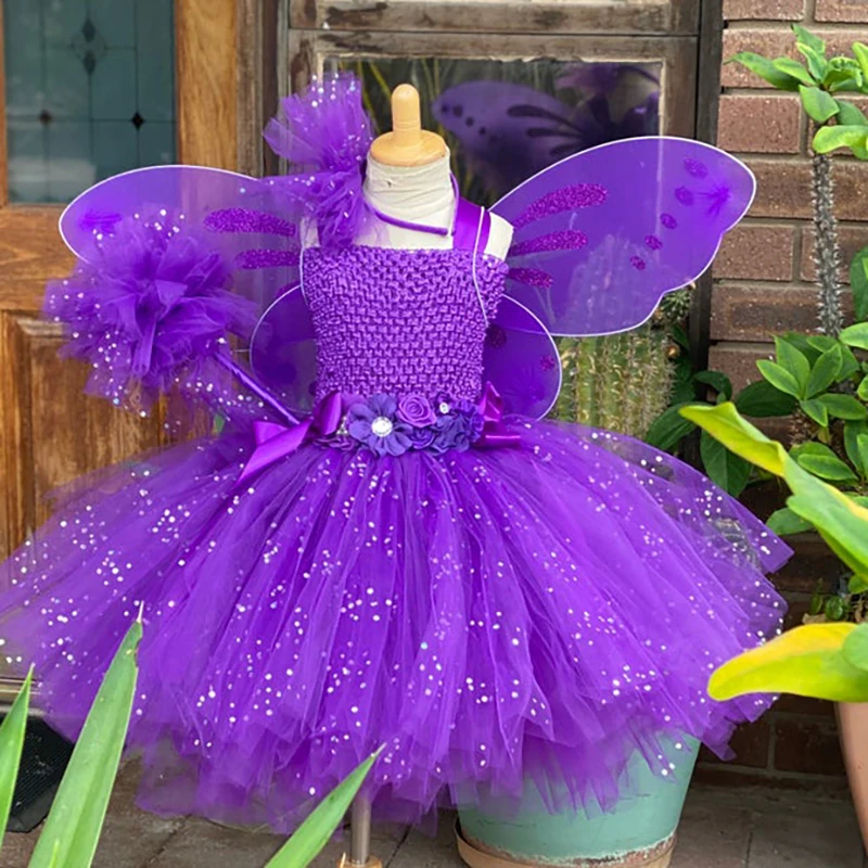 Girls Purple Glitter Flower Tutu Dress Kids Sequin Tulle Dress with Wing and Stick Hairbow Kids Party Costume Butterfly Dresses