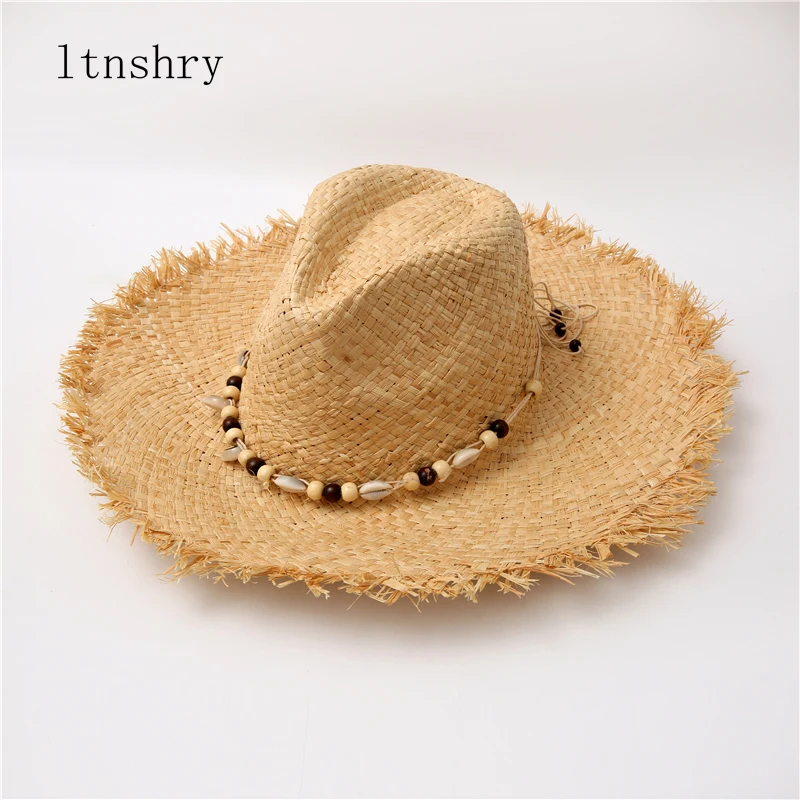 

Summer solid color Handmade Ribbon Weave Raffia Sun Hats For Women Lace Up Large Brim Straw Hat Outdoor Beach jazz Caps Holiday