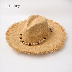Summer solid color Handmade Ribbon Weave Raffia Sun Hats For Women Lace Up Large Brim Straw Hat Outdoor Beach jazz Caps Holiday