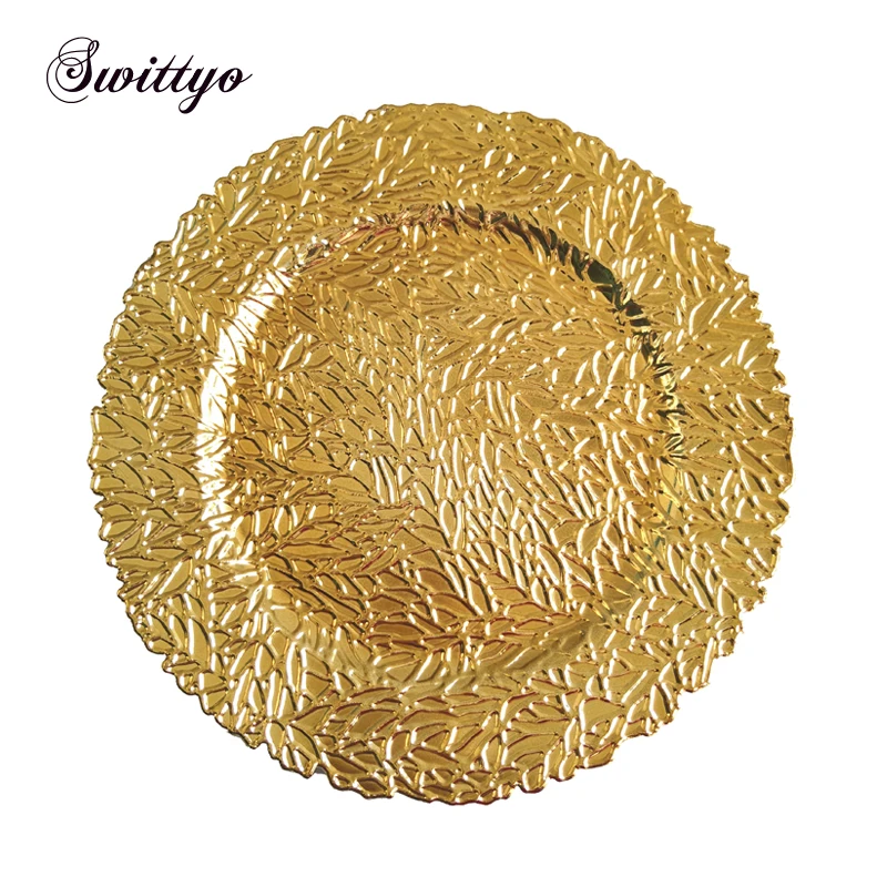 1PC Gold Charger Plate Plastic Decorative Service Plate Floral Dinner Serving Tray Wedding Christmas Decor Table Place Setting