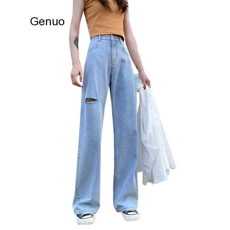 Korean Style Ripped Denim Wide-leg Long Pants Women's Summer Thin High Waist Loose Mopping Jean Femme 2020 New