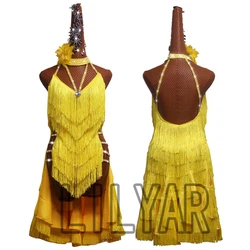 Robe de compétition de danse latine pour adultes, costume de performance, robe d'entraînement personnalisée, pompon jaune, dos nu, sexy