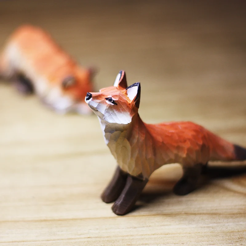 Fox wood carving ornaments solid wood handicrafts red white foxes home decor