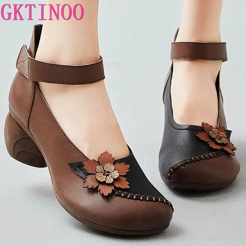 GKTINOO Pumps Women Shoes 2024 New Autumn Genuine Leather Hook & Loop Round Toe Retro High Heels Handmade Leisure Ladies Shoes