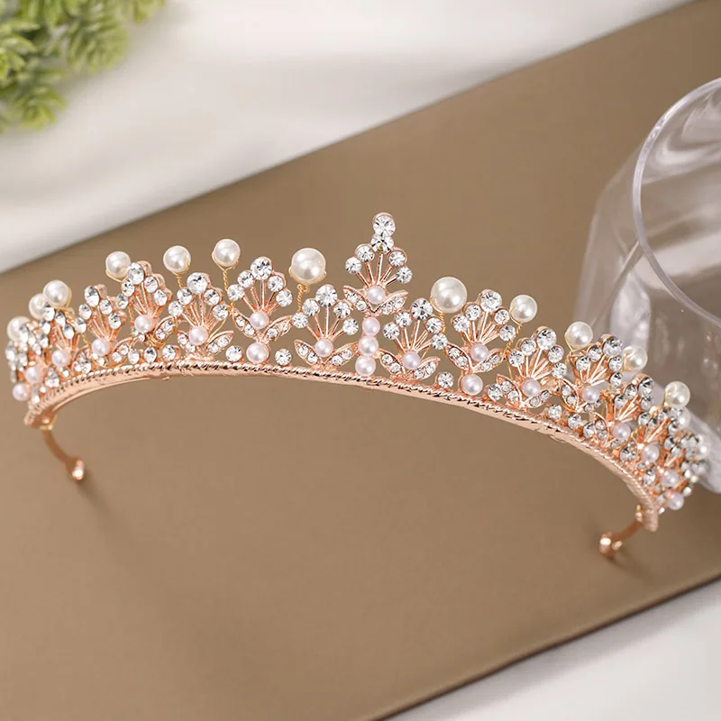 Women Headpeice Hair Jewelry Rose Gold Color Tiara Handmade Bright Imitation Pearl Rhinestone Crown Bride Wedding Headband XH