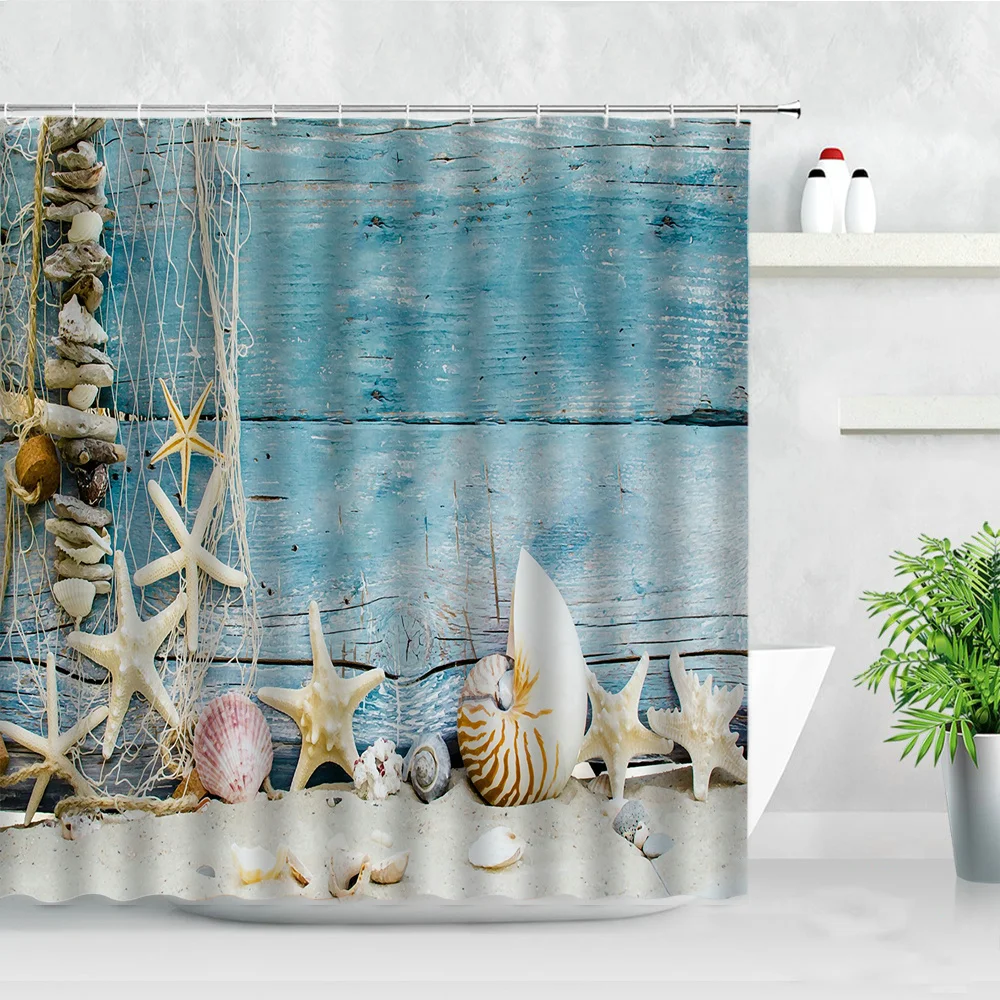 Retro Blue Wooden Board Shower Curtain Set Starfish Conch Beach Shell Modern Home Decor Bath Screen Waterproof Bathroom Curtains