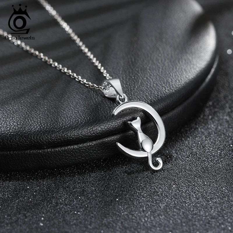 

ORSA JEWELS настоящее ожерелье из стерлингового серебра 925 пробы, идеально полированное креативное забавное кошка сидящего на луне для девочки/женщины, подарок SN271