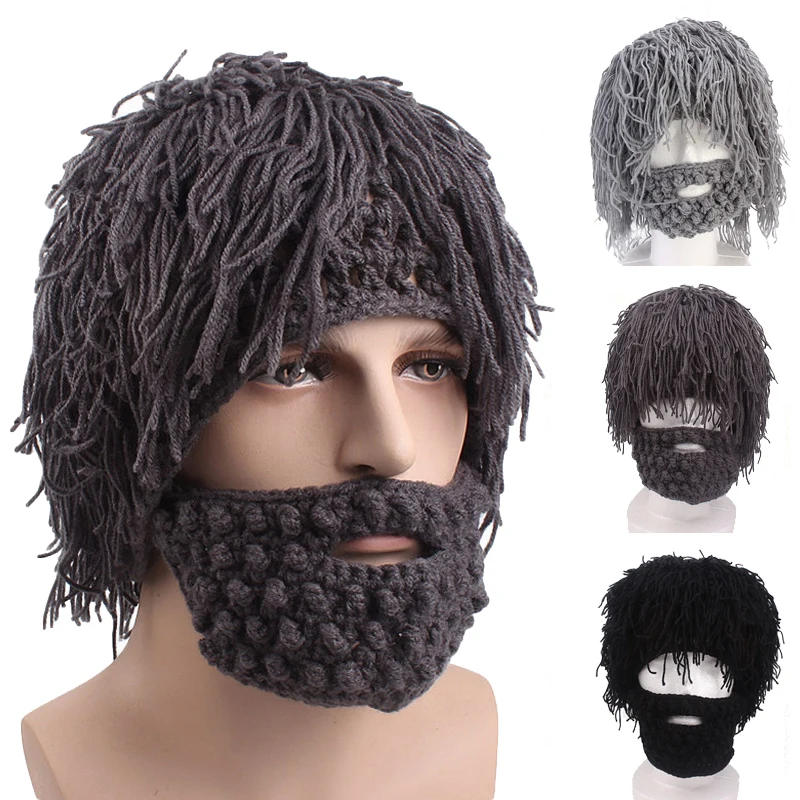 

2019 Winter Men Handmade Wig Beard Hats Crochet Mustache Knit Halloween Funny Festival Caps Face Tassel Party Mask Warm Hat