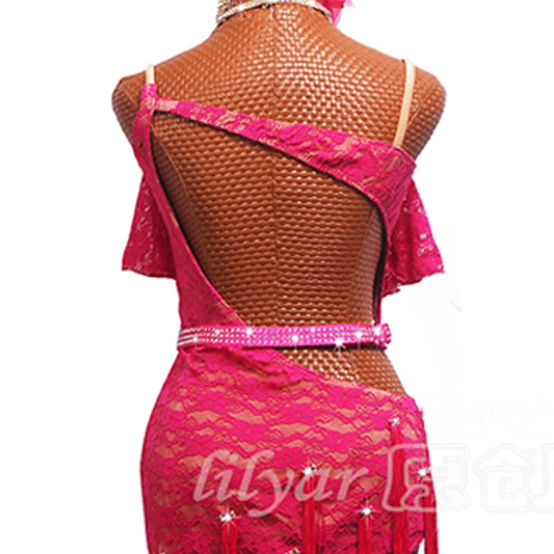 New Latin Dance Dress Competition Performance  Adult Rose Red Lace Sparkle Dance Dress