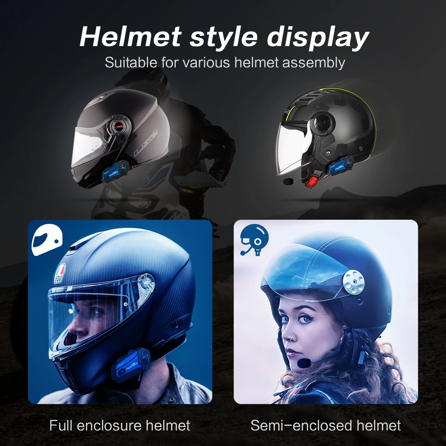 2pcs Fodsports M1-S Plus Helmet Intercom Motorcycle Helmet Bluetooth Headset 8 Riders 2000M,FM Radio,Music Share.