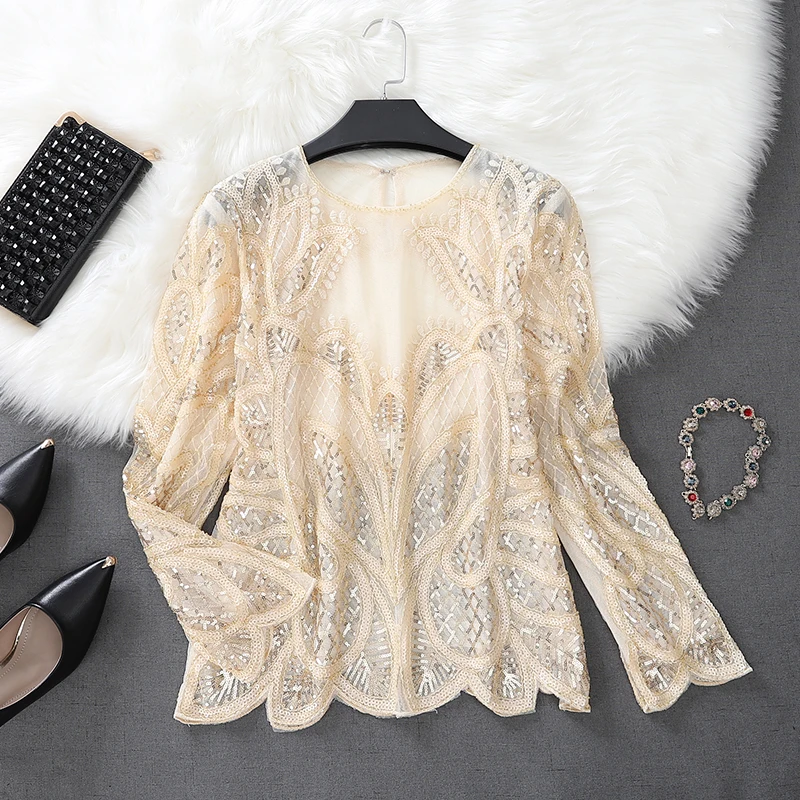 Seksowna moda damska Casual Mesh Straight Bead Sequined O-neck Temperament Petal Long Sleeve Black Beige Pink Vintage T Shirt 52#