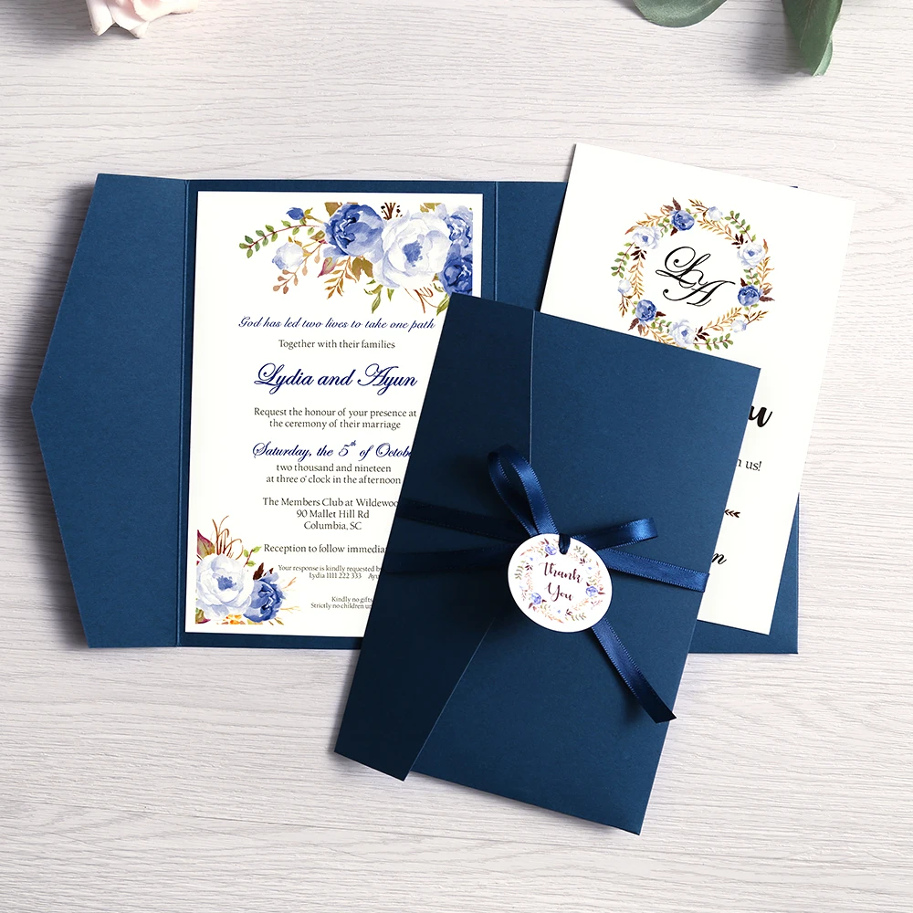 50pc Wedding Invitation Navy Blue Pink Burgundy Greeting Card with Envelope Party With Ribbon and Tag