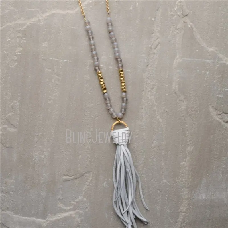 NM20672 Boho Jewelry Long Knot  Stone Beads Black Brown Gray Leather Necklace Female 