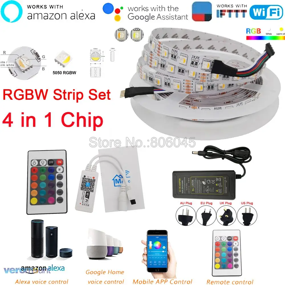 DC12V 5M 5050 Wifi Led Strip Licht Waterdicht 60LED/M 4 In 1 Rgbw Rgbww Led Strip Afstandsbediening controller Voeding Kit App Controle