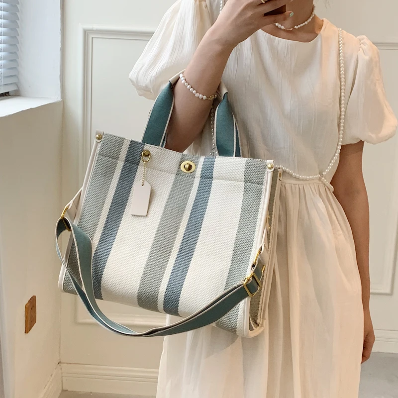 Large Tote Bag Casual Stripe Canvas Handbag For Women Wide Shoulder Strap Bag Female 2022 Trendy Texture Shoulder Bag Commuter