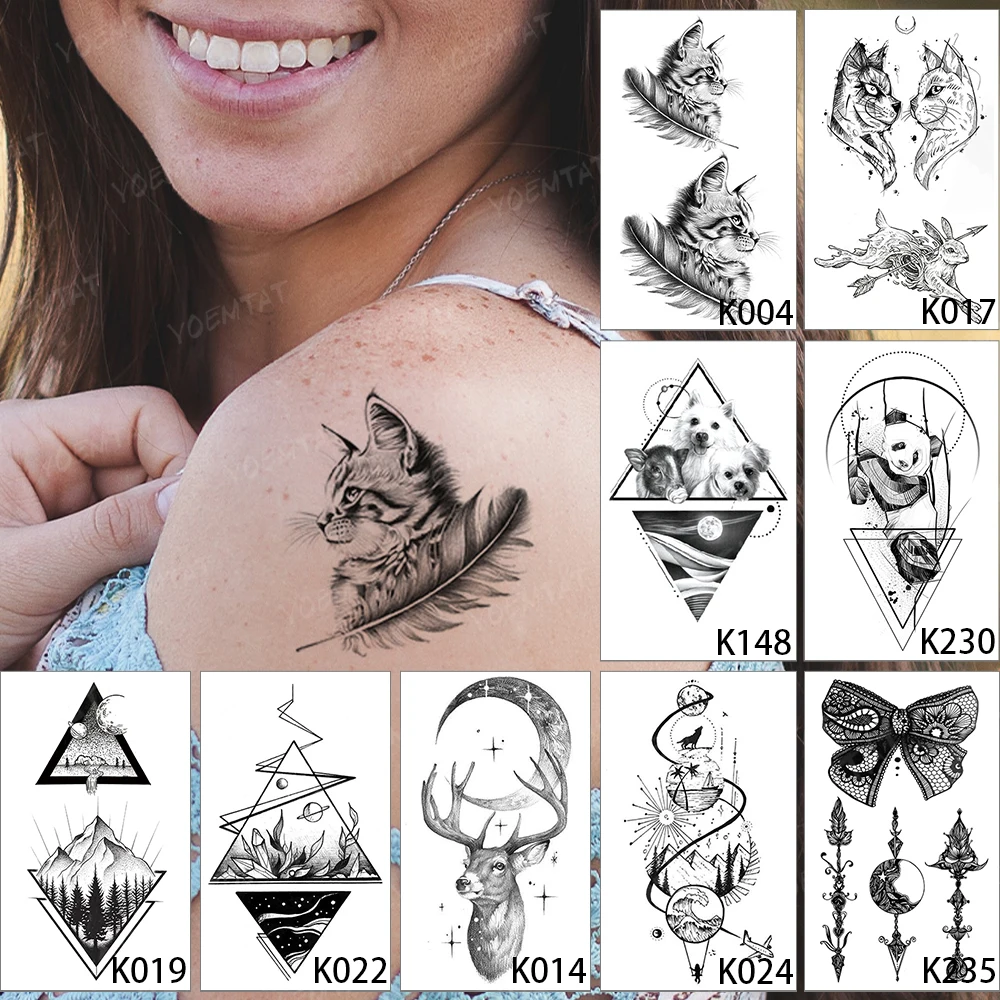 9 Stks/partij Waterdichte Tijdelijke Tattoo Sticker Kat Hond Panda Dier Veer Flash Tatoo Vrouw Konijn Pijl Body Art Nep Tatto man