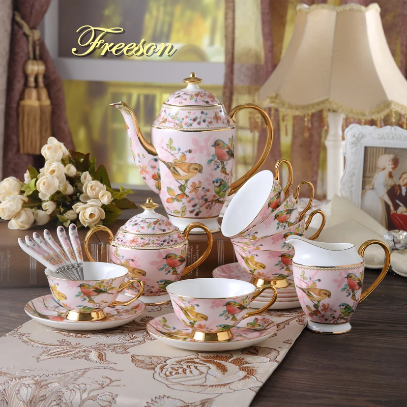 

Pink Bird Bone China Coffee Set Porcelain Tea Set Advanced Ceramic Pot Mug Sugar Bowl Creamer Teapot Milk Jug Teaset Tea Cup Set