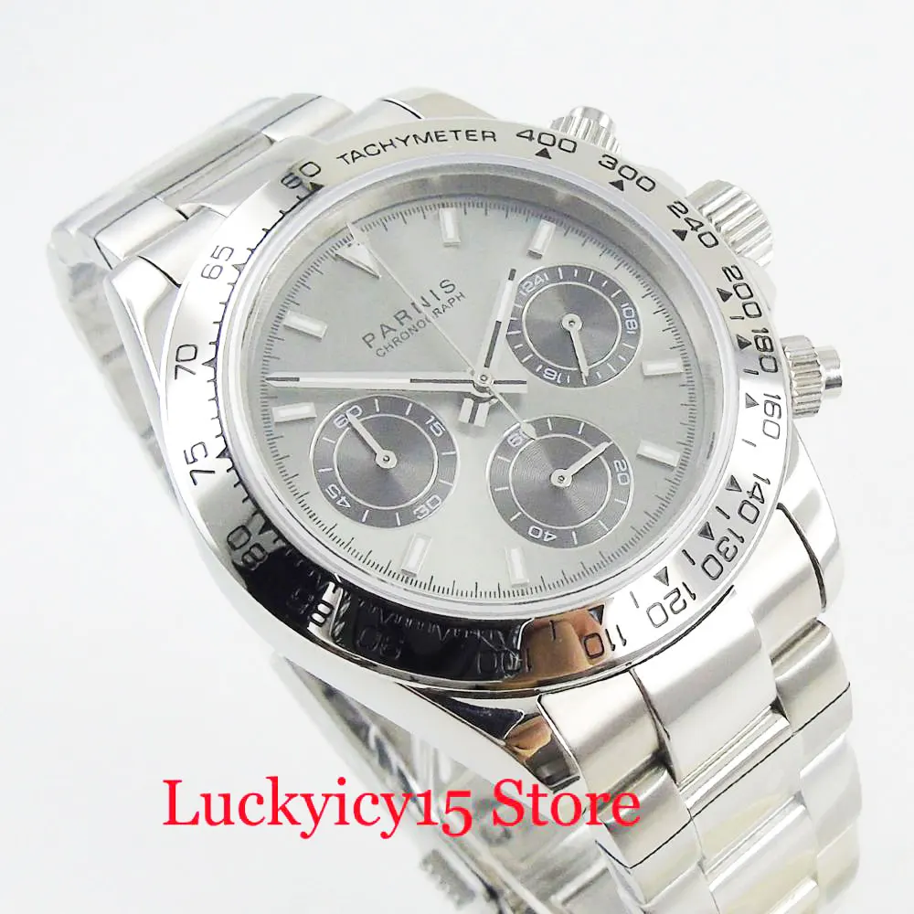 PARNIS Dress High Quality 39mm Quartz Men\'s Watch With Chronograph Function Stainless Steel Band