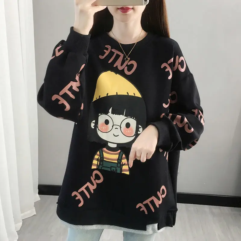 Baumwolle Herbst Winter Mädchen Mantel sowie Samt lässig süße Frauen Kleidung Sweatshirt Druck Harajuku mit Brille niedlichen Mädchen Pullover