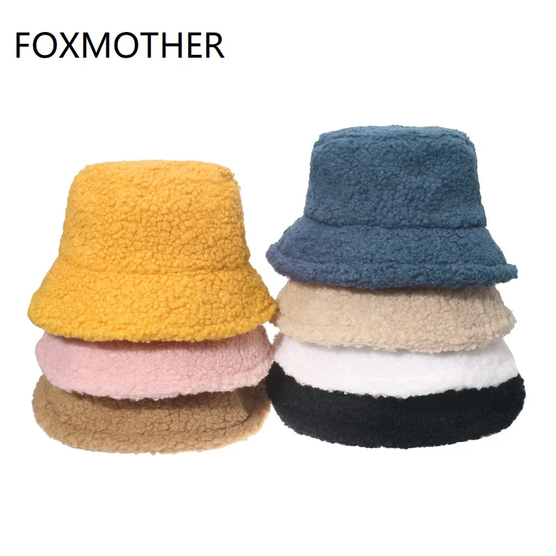 

FOXMOTHER Winter Outdoor Bob Panama Lamb Warm Thicken Solid Color Black White Fluffy Bucket Caps Fisherman Hat Women Mens