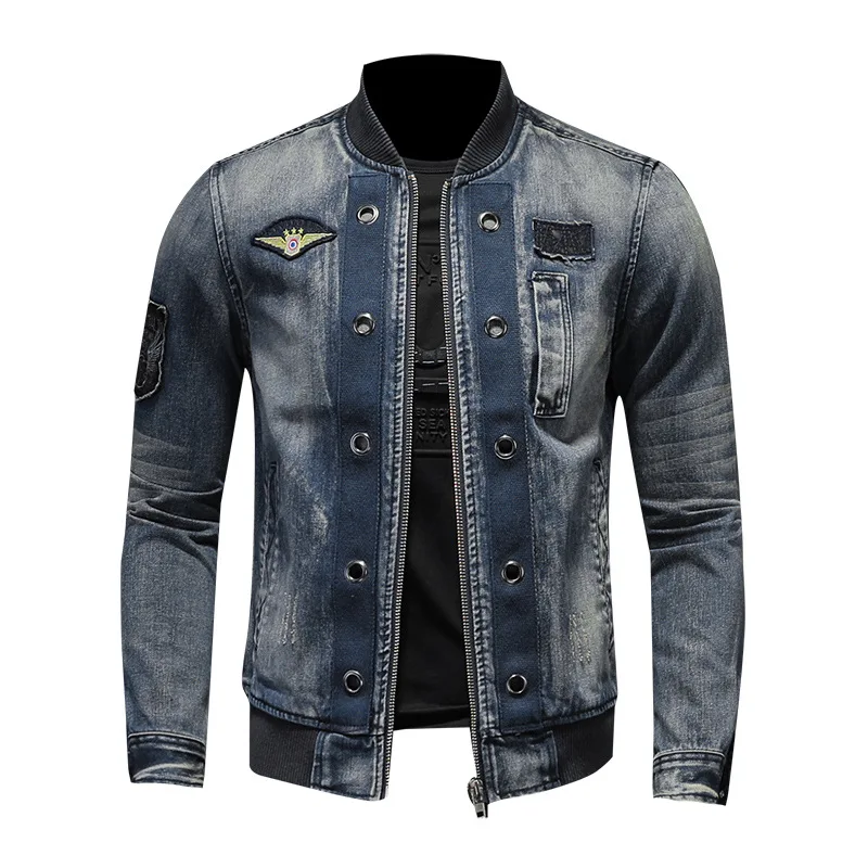 Men Vintage Stand Collar Pilot Coat Denim Bomber Jacket Plus Size 5XL Slim Fit Zipper Jean Outerwear Fashion Mens Biker Jackets