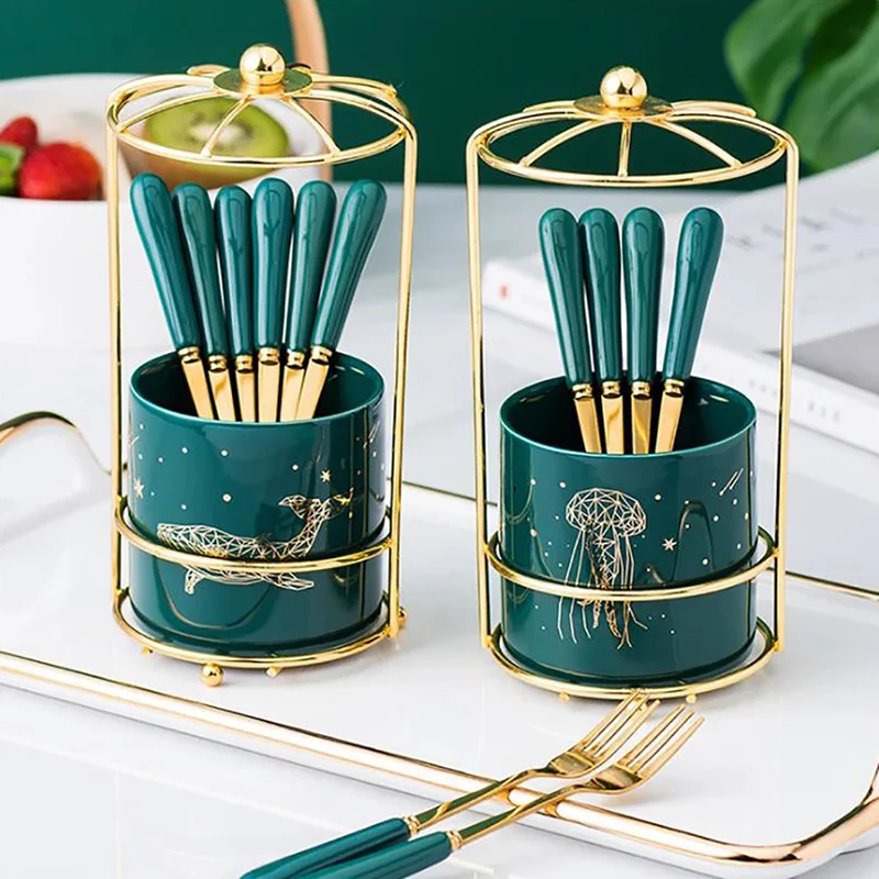 Luxury Kitchen Utensil Holder Organizer Gold Stainless Steel Fruit Forks Spoons Cake Dessert Fork Ceramic Tableware Holder