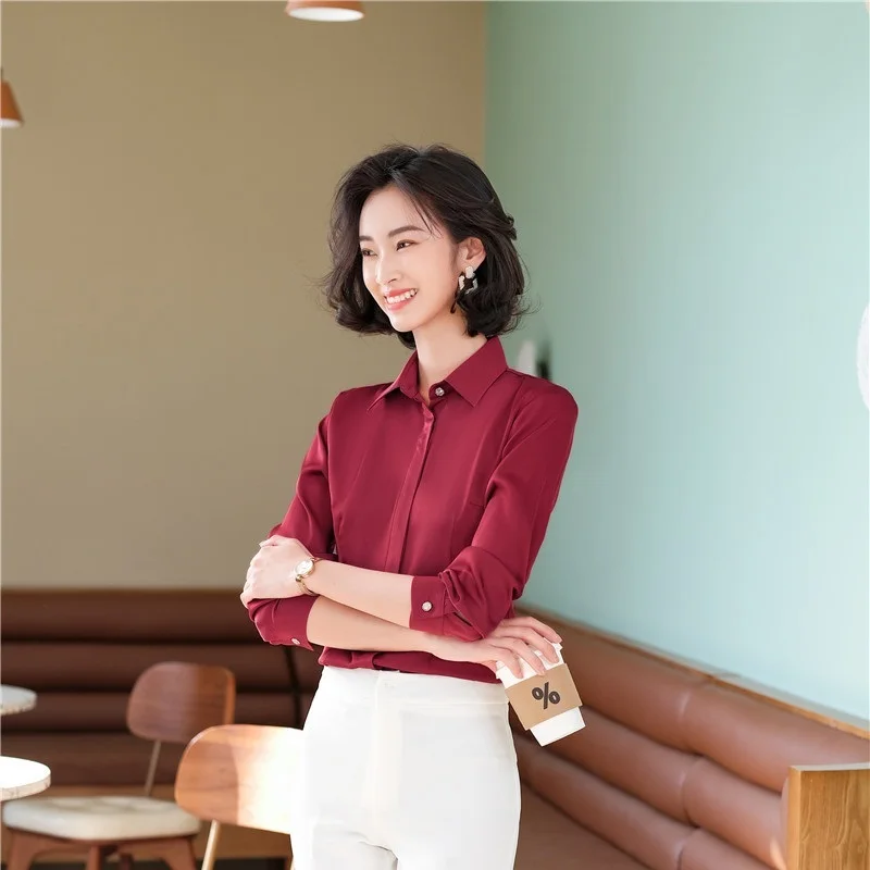 

Fashion Wine Basic Shirts Womens Blouses Long Sleeve Ladies Office Tops Female Outwear Casual Clothes Spring Fall S-4XL