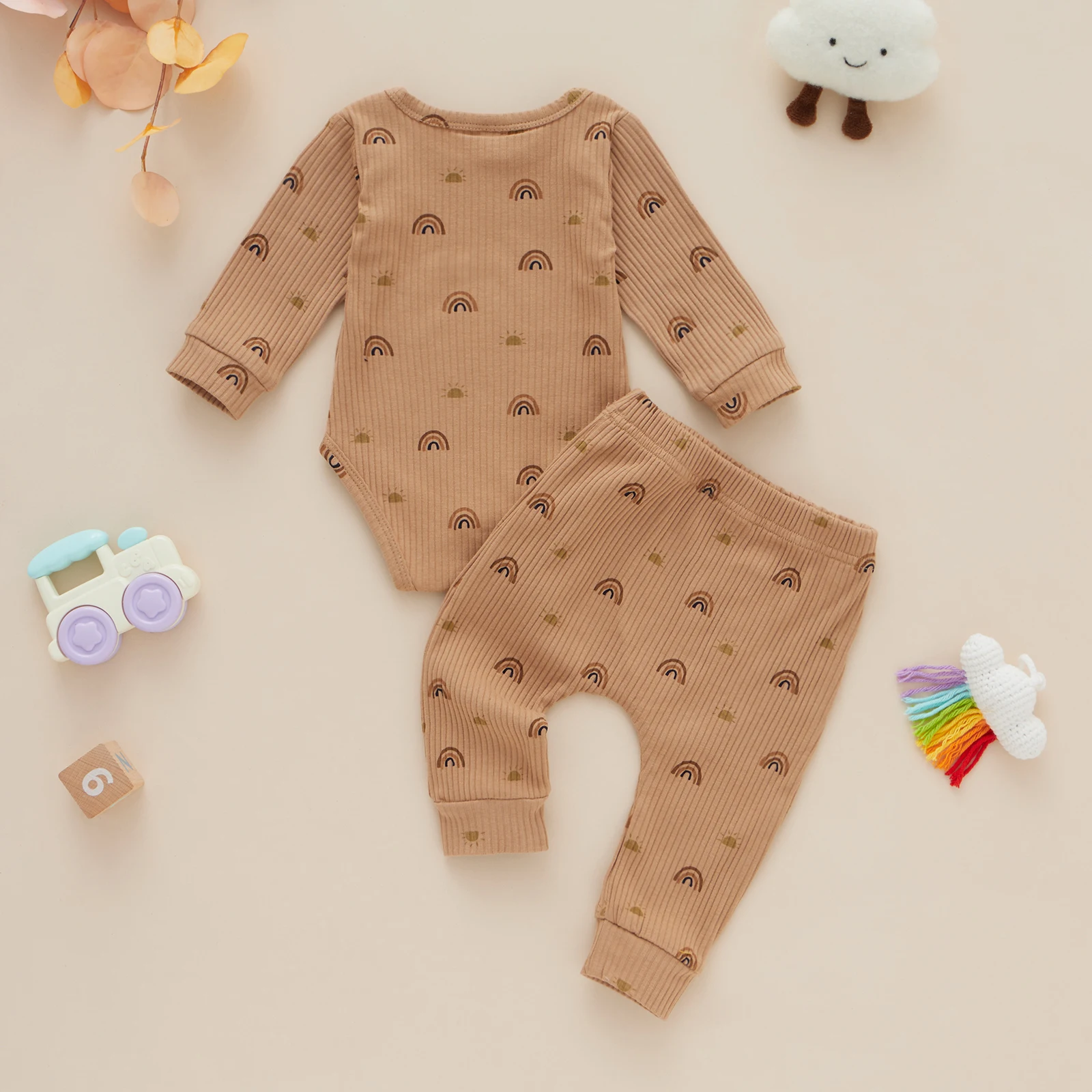 

Baby Girl Clothes Newborn Baby Boy Cotton Ribbed Rainbow Long Sleeve Romper Tops Trousers Outfits Baby Autumn Clothing Set