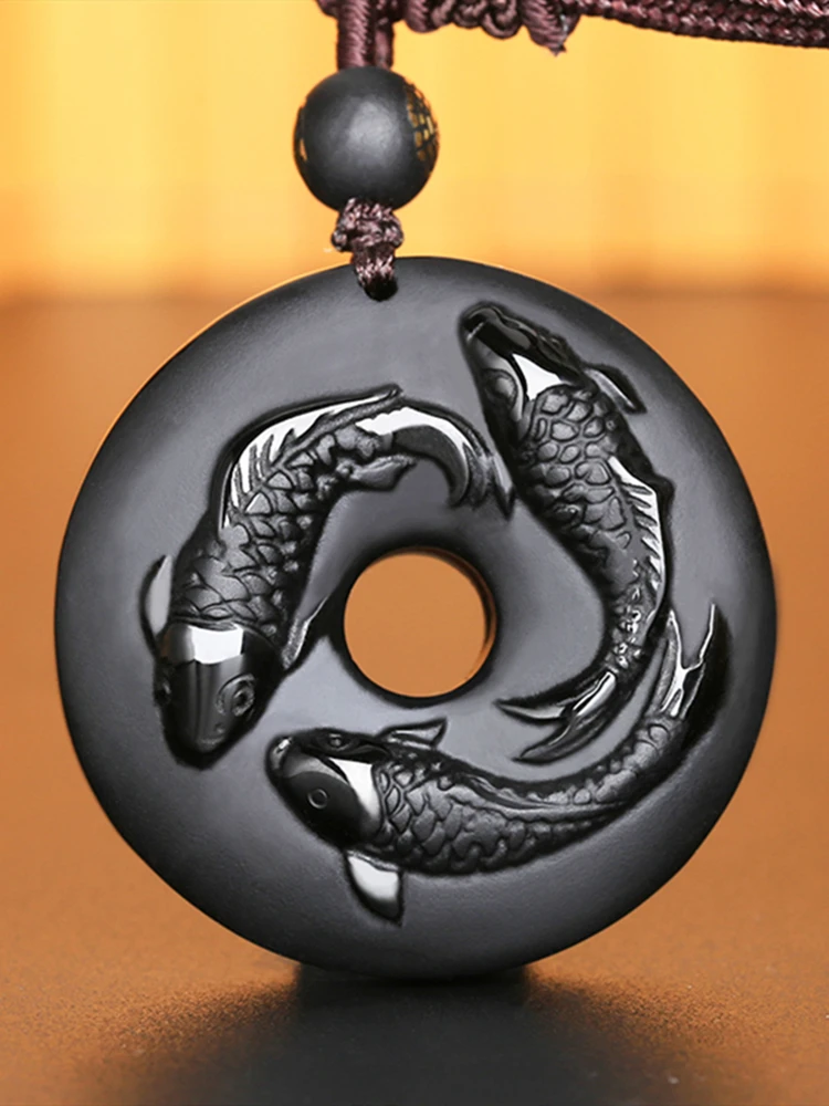 Natural Obsidian Three Carp Circle Necklace Pendant Hand-carved Black Gem Donut Lucky Amulet Unique Gift