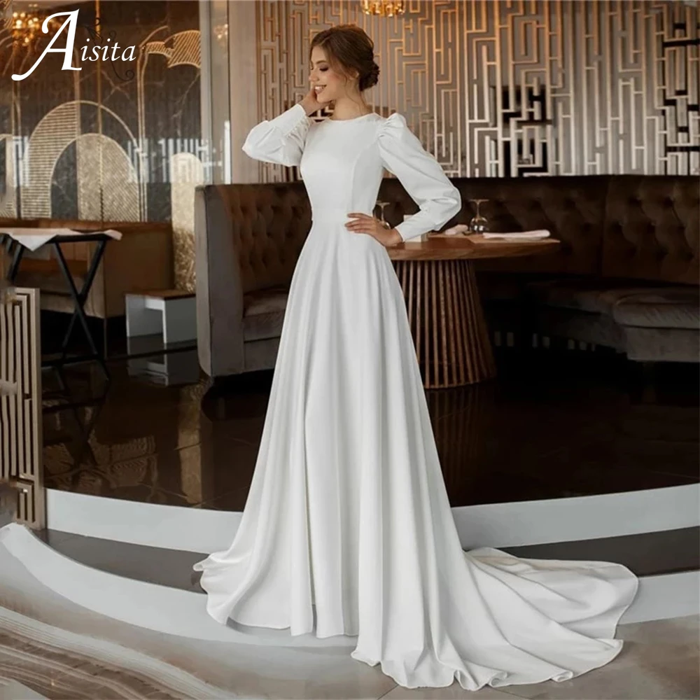 Abiti da sposa semplici in raso morbido Abiti da sposa eleganti con scollo a O personalizzati Abito da sposa con strascico Vestido De Noiva Taglie forti