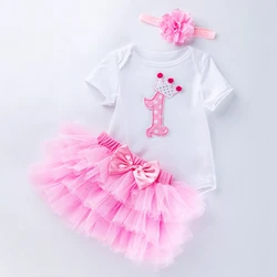 First Birthday Baby Girl Clothing Set Newborn Cotton bodysuits+Pink Tutu Skirt+headband 3pcs/Sets Infant Clothes Party 1 year