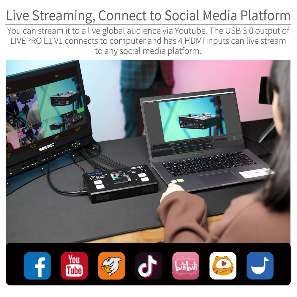 FEELWORLD-Multi Format Video Mixer Switcher, USB 3.0, 4x HDMI Inputs, Camera Production, Youtube, Live Streaming, LIVEPRO L1 V1